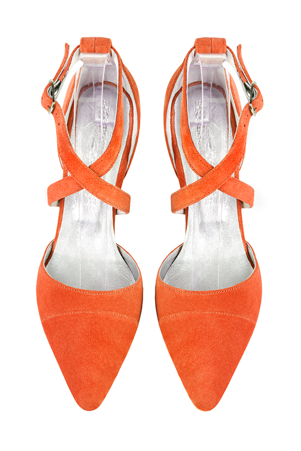 Clementine orange women's open side shoes, with crossed straps. Tapered toe. High slim heel. Top view - Florence KOOIJMAN